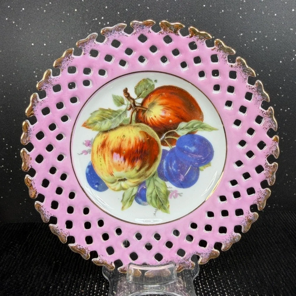 Royal Halsey Very Fine Pink Fruit Reticulated Tea Cup and Saucer Set Gold Gilt
